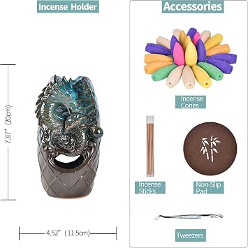 Ceramic Dragon Backflow Waterfall Incense Burner-Double Sided Incense Holder with 20 Incense Cones +30 Incense Sticks +1 Mat +1 Tweezer for Home Office Yoga Decor Gift Home Decor