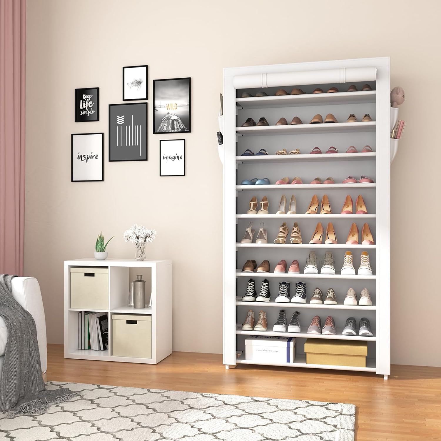 ROJASOP Shoe Rack with Covers 10 Tier Large Shoe Organizer Tall Shoe Closet Storage for 50-55 Pairs Shoe and Boot, Free Standing Shoe Rack Organizer for Closet, Entryway, Bedroom, White