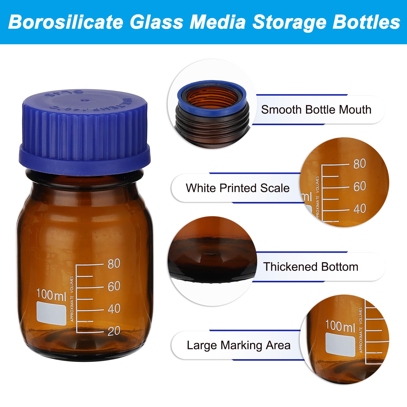 PATIKIL 6 Pack Reagent Media Storage Bottles, 100ml Borosilicate Glass Graduated Round Bottles With GL32 Blue Screw Cap For Lab Water Reagent Liquids, Amber