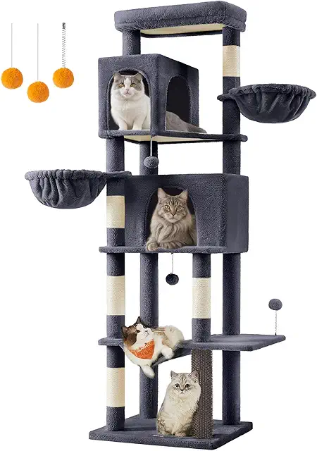 Feandrea Large Cat Tree with 2 Condos, 2 Baskets, 5 Scratching Posts - Dark Grey