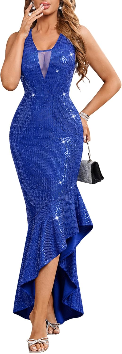 dasmzper Women’s Sexy Sequin Dress Asymmetrical Hem Sleeveless Party Cocktail Dress Sparkling Party Evening Dress