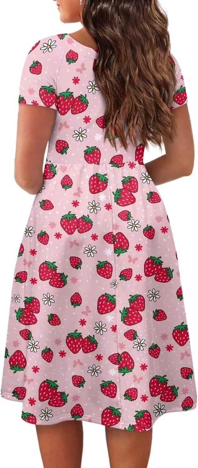 Spring Fall Summer Flowy Knee Length Dress for Women Loose Fitting Short Sleeve Midi Dress Size XS-4XL