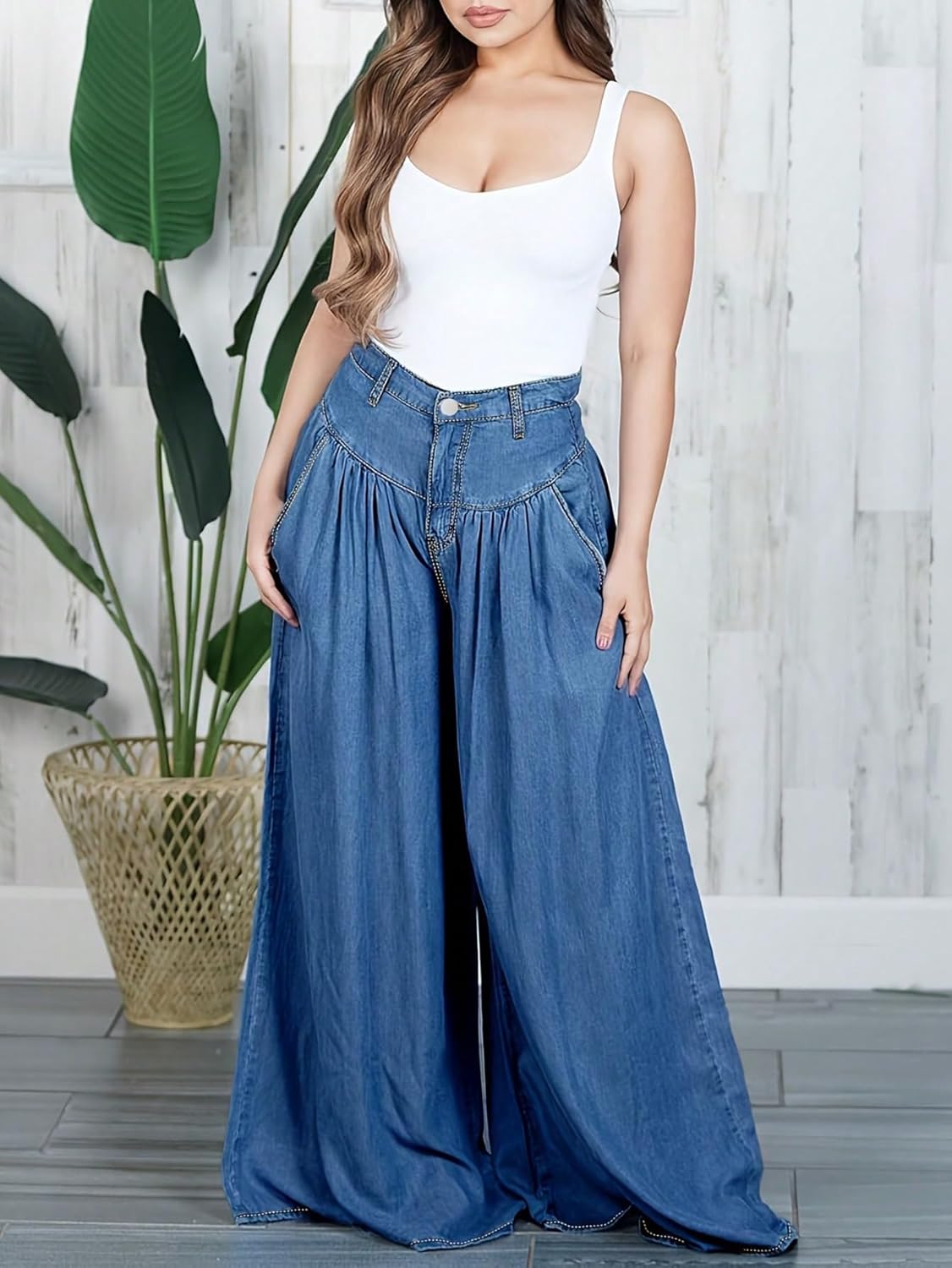 Women's High Waisted Pleated Wide Leg Jeans Flowy Palazzo Loose Fit Vintage Style Boho Chic Denim Pants - Image 4