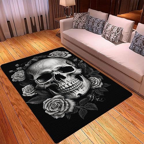 Miniatura 3 de Alfombra de Halloween aterradora con diseño de calavera, color negro, diseño de calavera y rosa, alfombra de pasillo de Halloween, entrada al aire