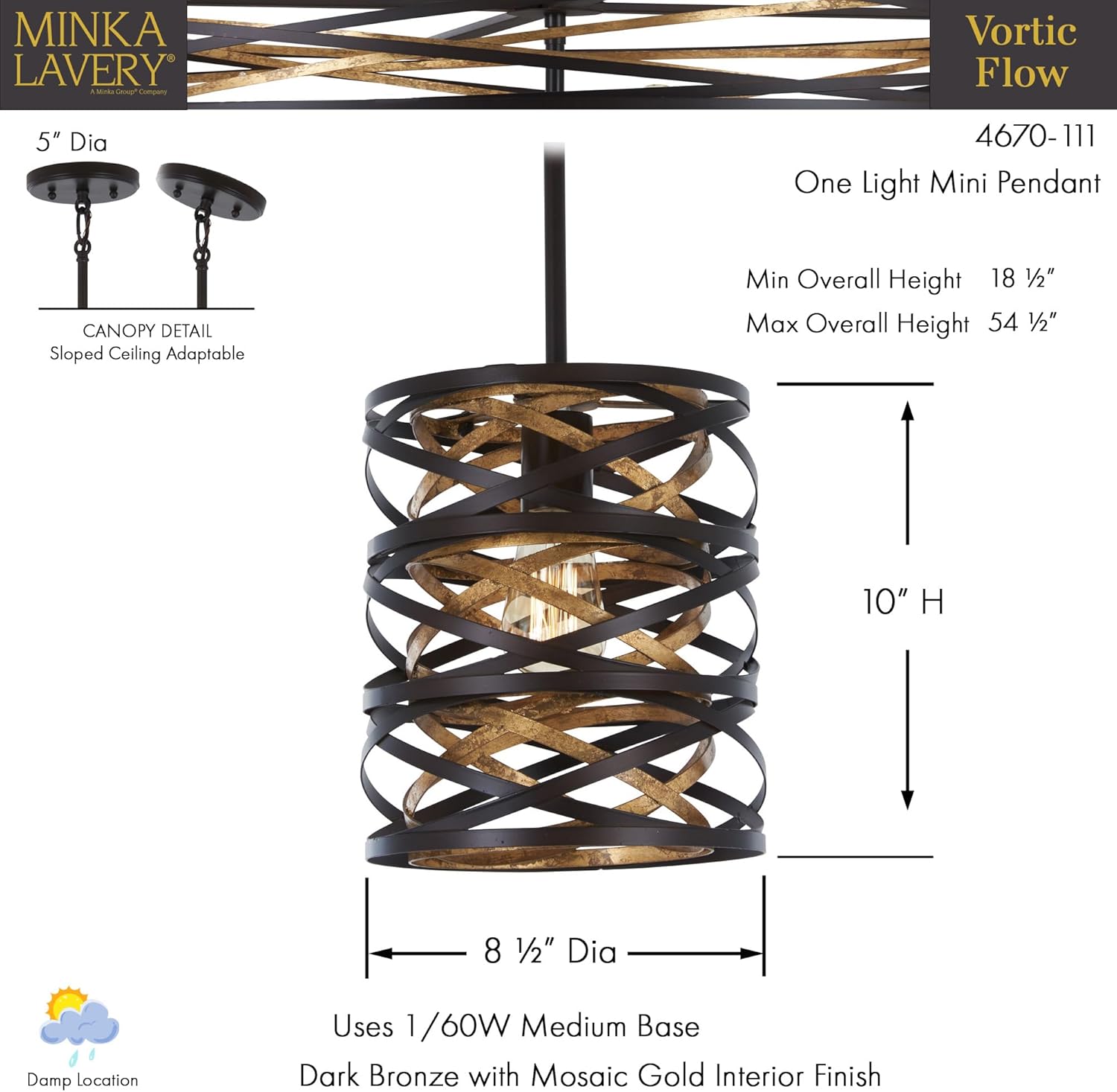 Minka Lavery 4670-111 Vortic Flow Mini Pendant, 1-Light, 60 Total Watts, 8.5-in H x 10-in W, Dark Bronze with Mosaic Gold Interior