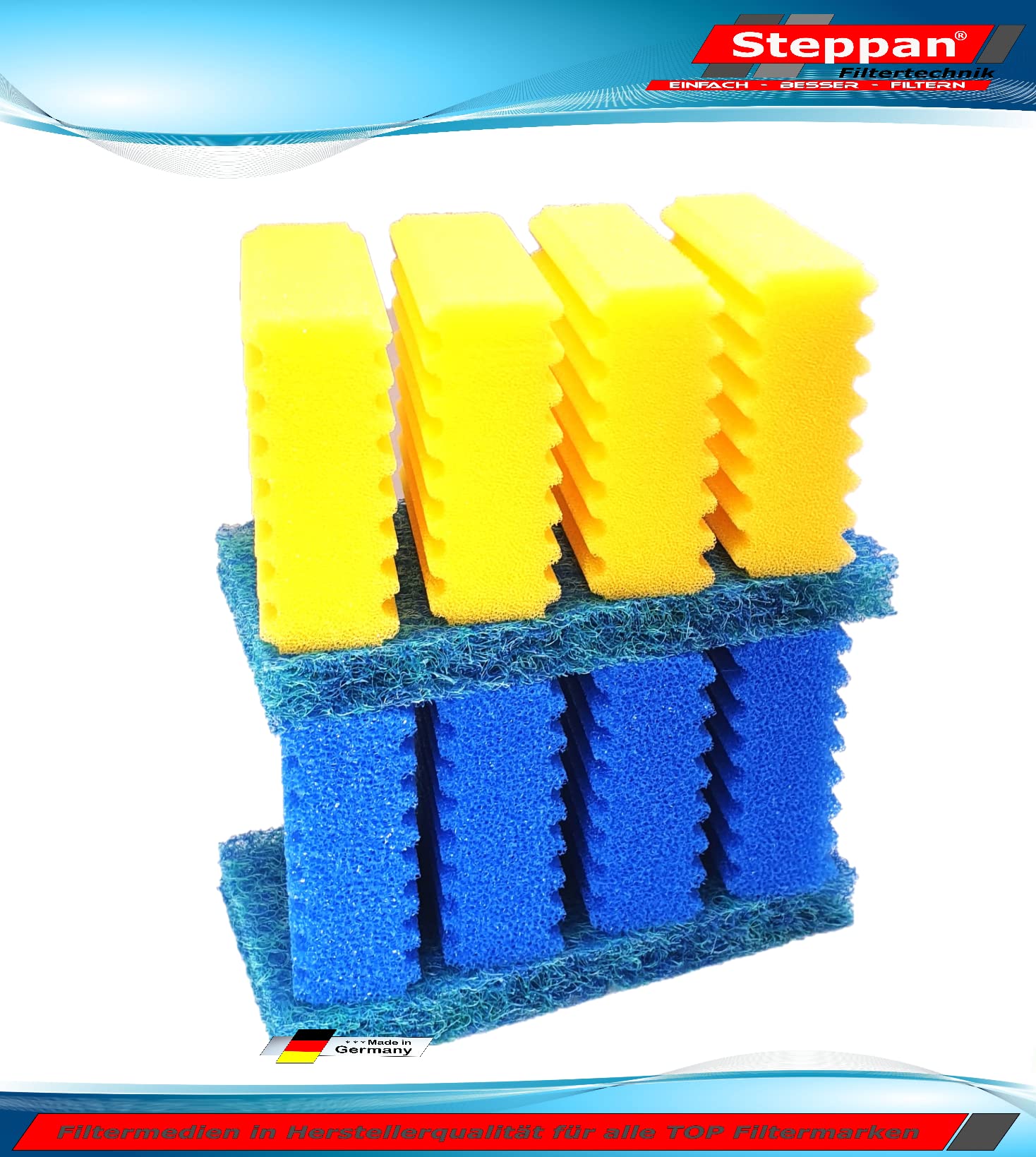 8 Stück Filterschwämme 4 x blau und 4 x gelb -Plus- 2 Stück Biomatten passend für SunSun CBF 350B. Auch passend für Osaga, Pondlife, Atlantis und OTF.
