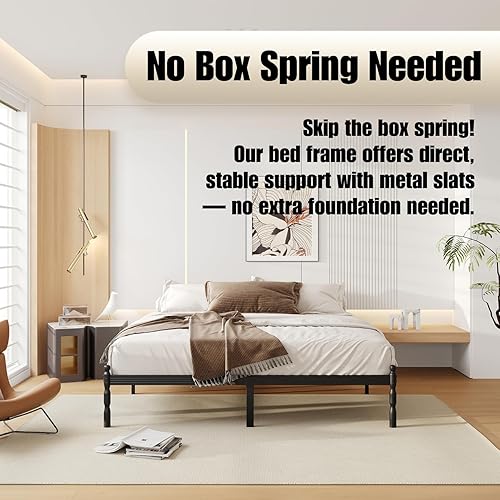 Miniatura 9 de Base de cama tamaño King de 14 pulgadas con 2 piezas de tope deslizante para colchón, base de cama King de plataforma metálica, no necesita somier,