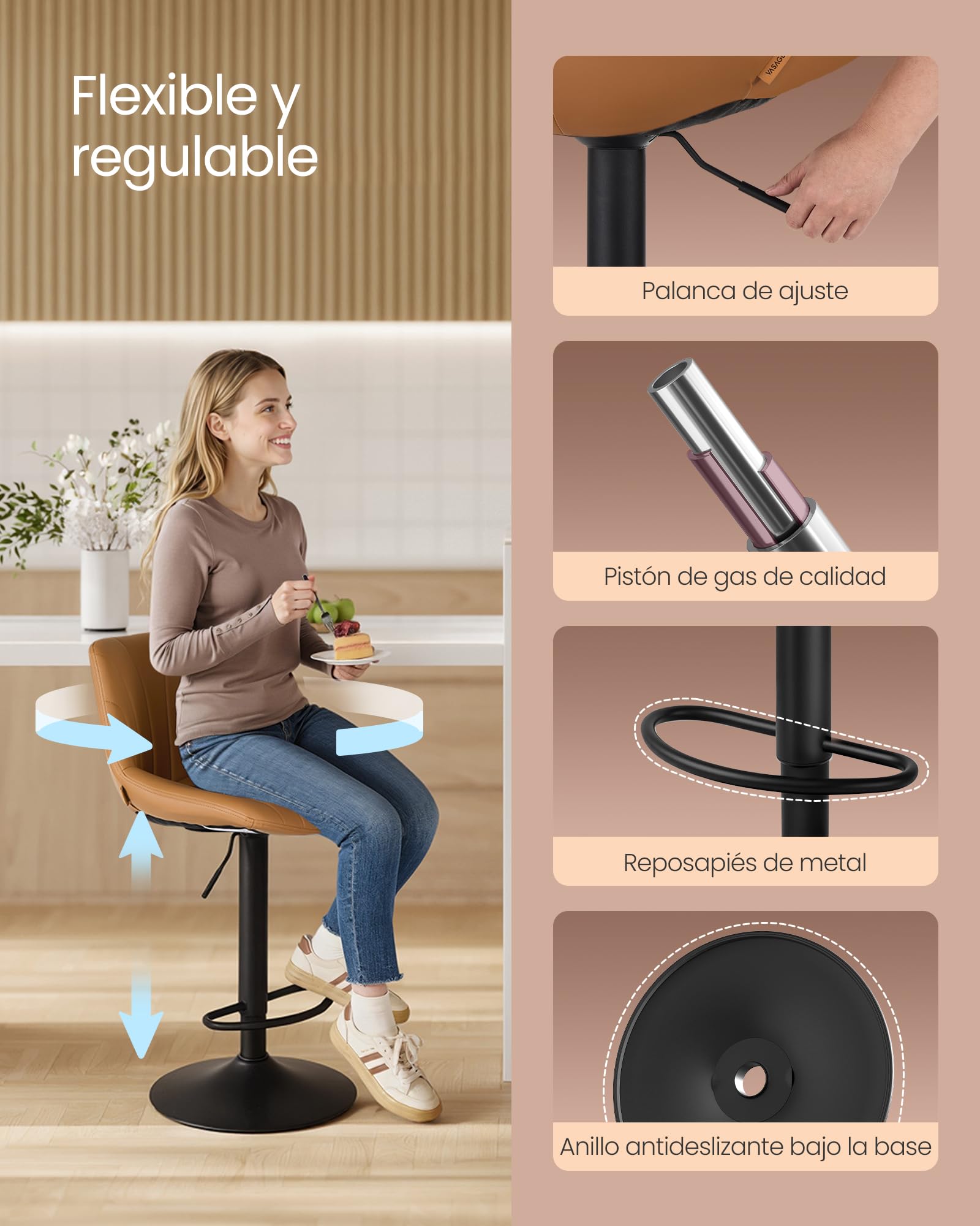 VASAGLE Taburetes de Bar, con Respaldo, Sillas de Bar de Altura Ajustable, Giro de 360°, Reposapiés de Metal, para Comedor y Cocina, PU, Juego de 2, Marrón Caramelo LJB181KN01