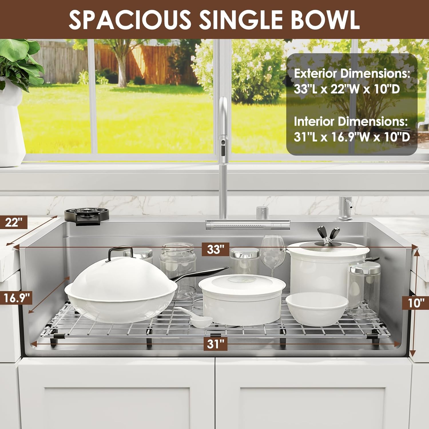 33x22 Inch Drop in Adjustable Waterfall Kitchen Sink with Faucet, Single Bowl Black Kitchen Sinks 16 Gauge Stainless Steel Kitchen Workstation with 8 Accessories Include Glass Rinser (Brushed Nickel)