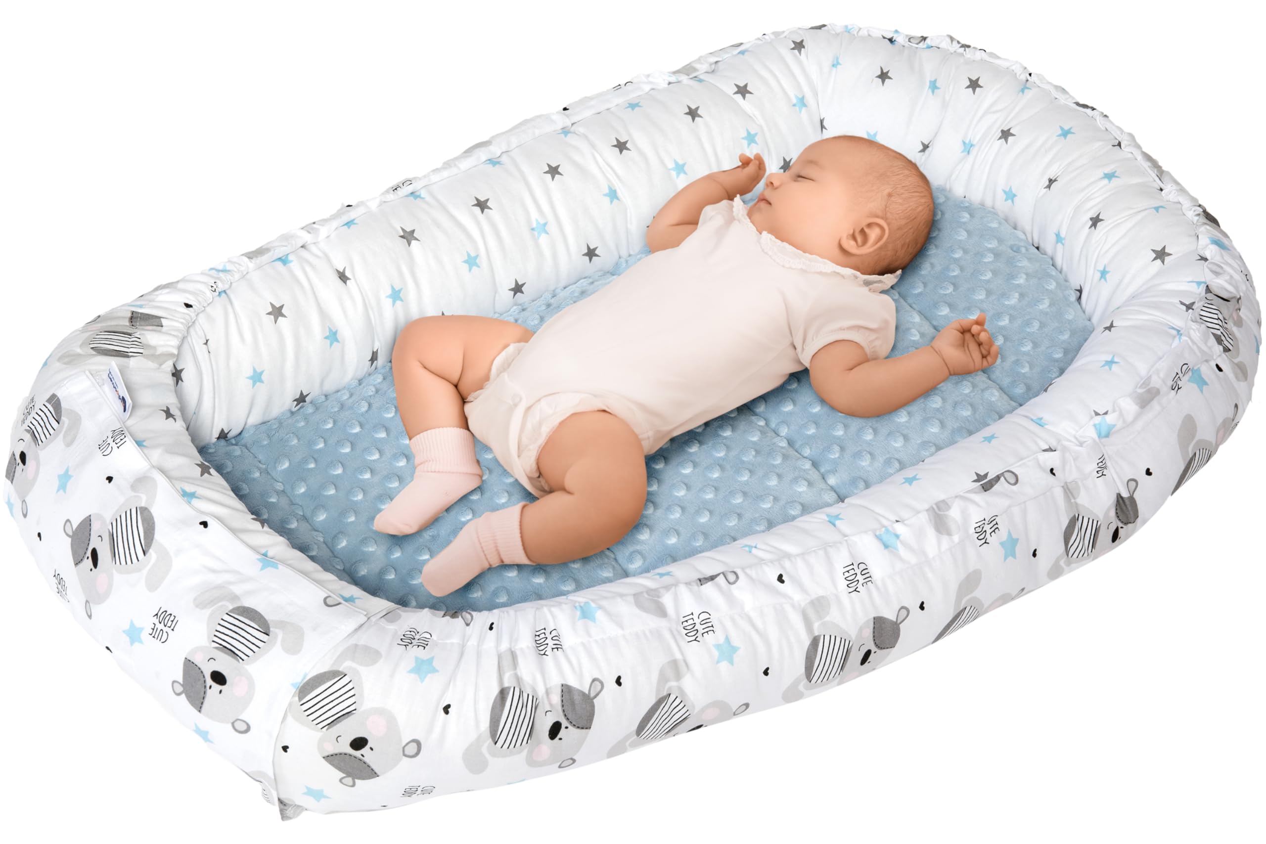 Medi Partners Baby Nest Pod for Newborn Babynest Sleep Bed - 100x60x15 Lounger Essentials 0-12 Months sleeping bilateral Cocoon 100% Cotton (Teddy with light blue Plush)
