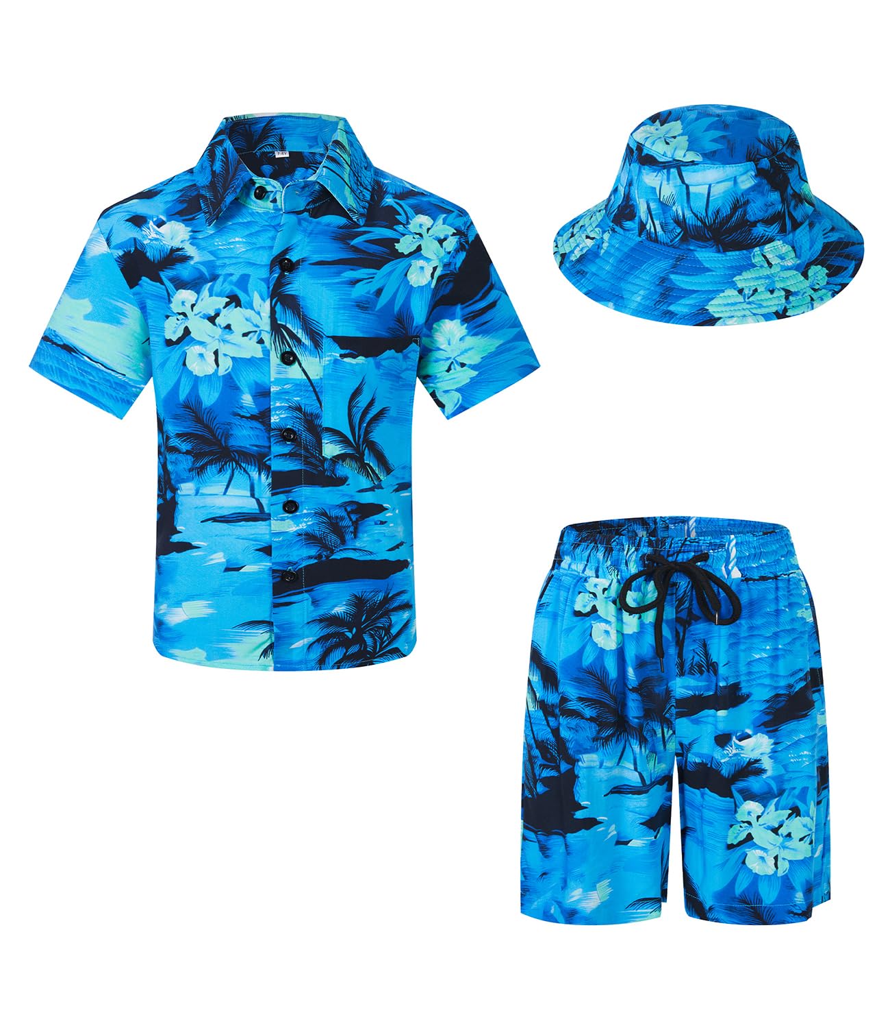 SPKPKEY Big Boys Hawaiian Tropical Suit Shirt and Shorts with Bucket Hat for 9-10 Years