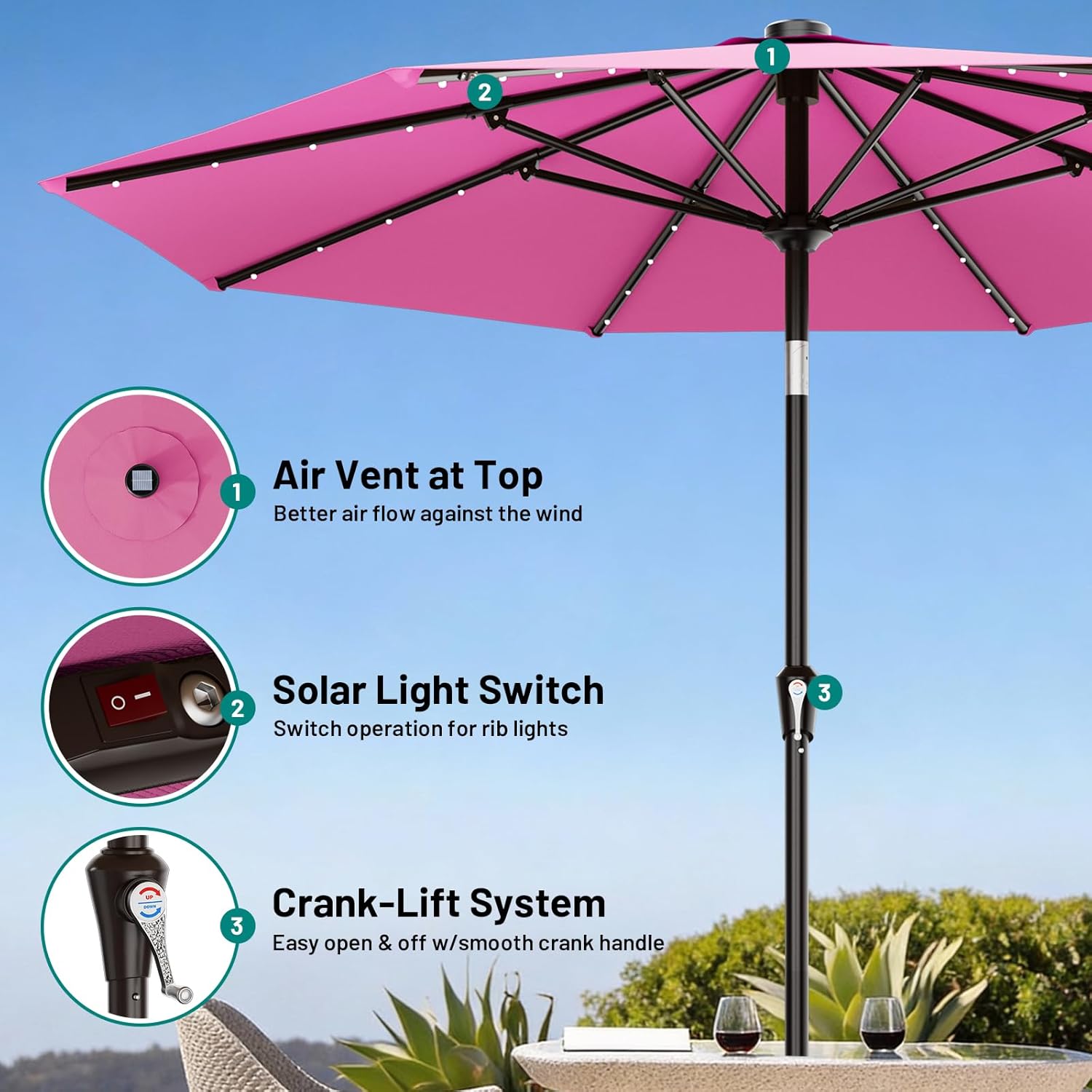 areshark 9ft patio umbrella with solar lights, 32 lighted pool umbrella w/tilt and crank, outdoor market solar umbrellas for garden, deck, backyard, pool and beach, rose pink rose pink 9 ft