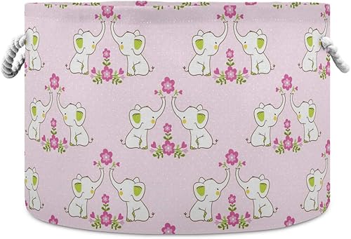 Cesta de almacenamiento con diseño de elefante y flor rosa, cesta redonda para la colada, cesta plegable para la colada de niños con asas para