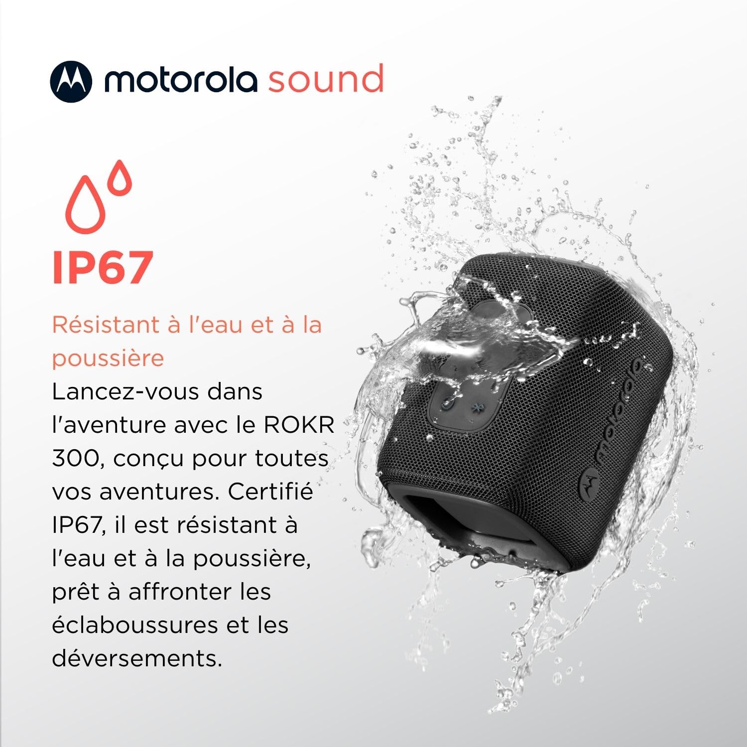 Motorola Sound - Enceinte Bluetooth 5.3 ROKR 300 - Enceinte Portable sans Fil 7W - Enceinte compacte IP67, résistante à l'eau et à la poussière - Durée 12h, Noir