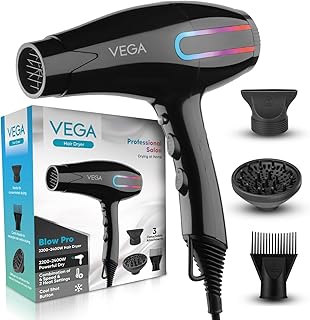 VEGA Blow Pro 2200-2400 Watts Hair Dryer With Comb,Concentrator&amp;Diffuser Nozzles,2 Speed&amp;4 Heat Settings,With Cool Shot,Cu...