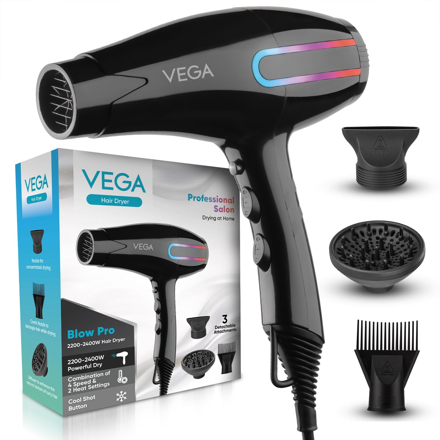 VEGA Blow Pro 2200-2400 Watts Hair Dryer With Comb,Concentrator&Diffus