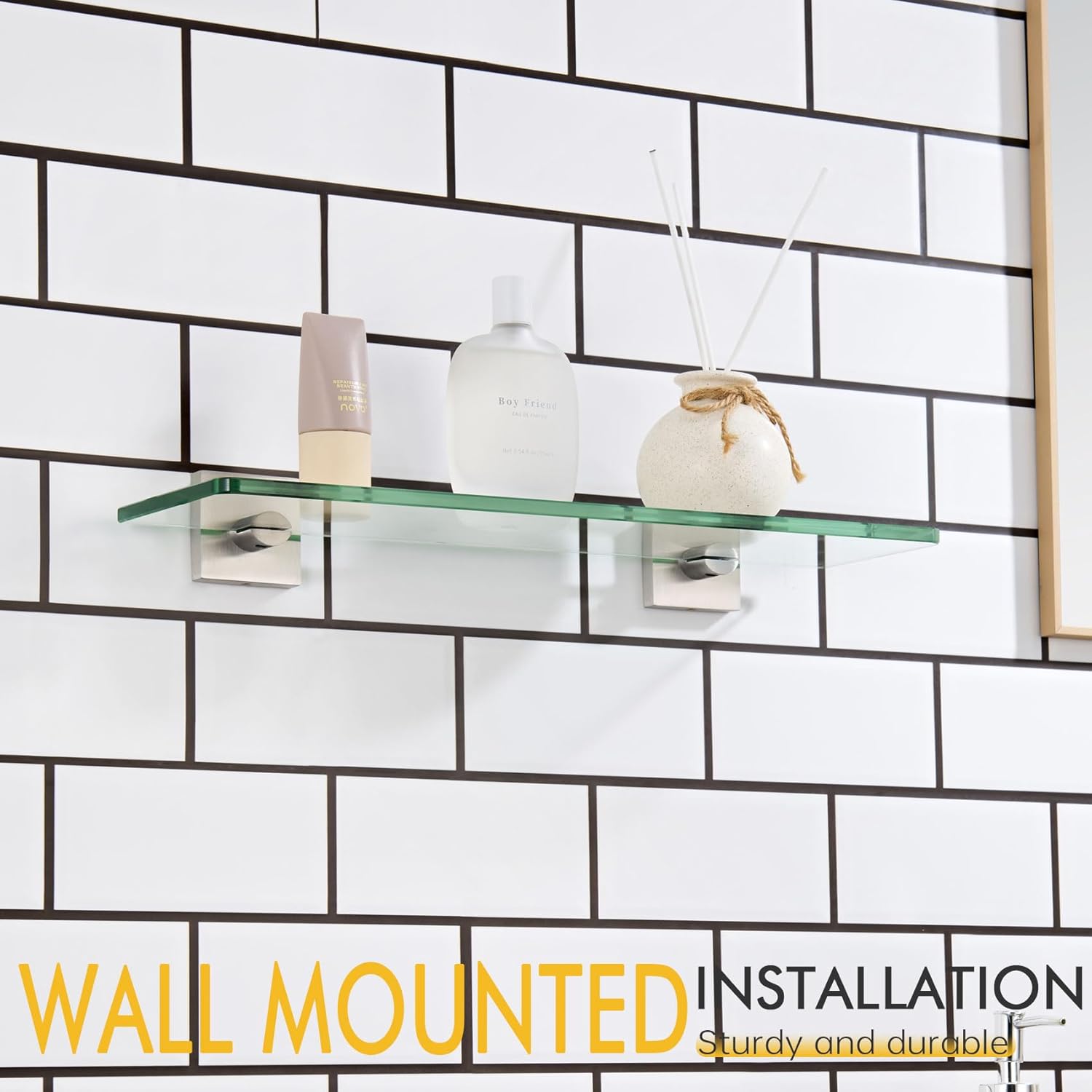 KOKOSIRI Glass Shelf for Bathrooms Floating Shelves Wall Mount 16-Inch for Shower Storage Kitchen Rack, 2 Pack Brushed Stainless Steel B1107BR-L16-P2