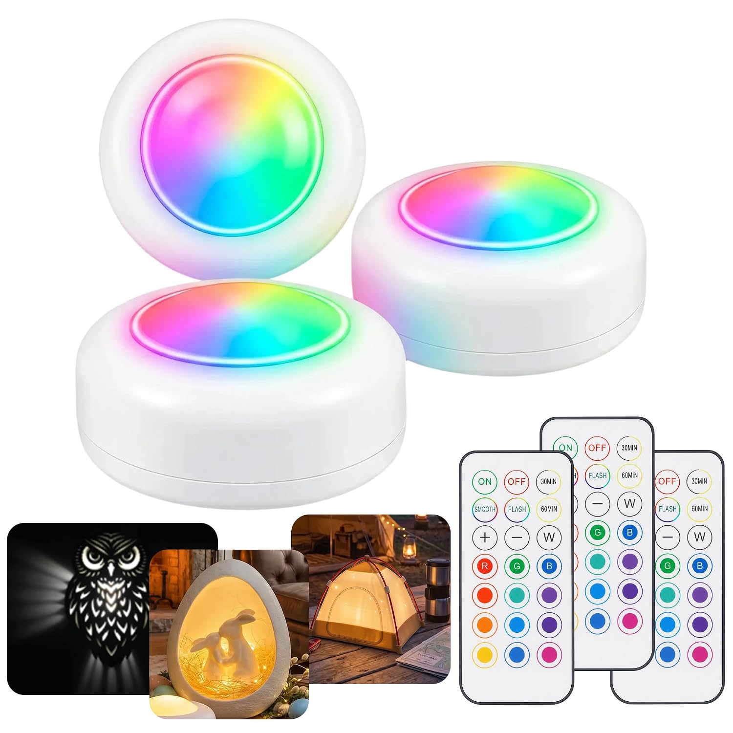 3 Pack Remote Controlled 16-Color RGBW Puck Lights for Bambu Lab KC007