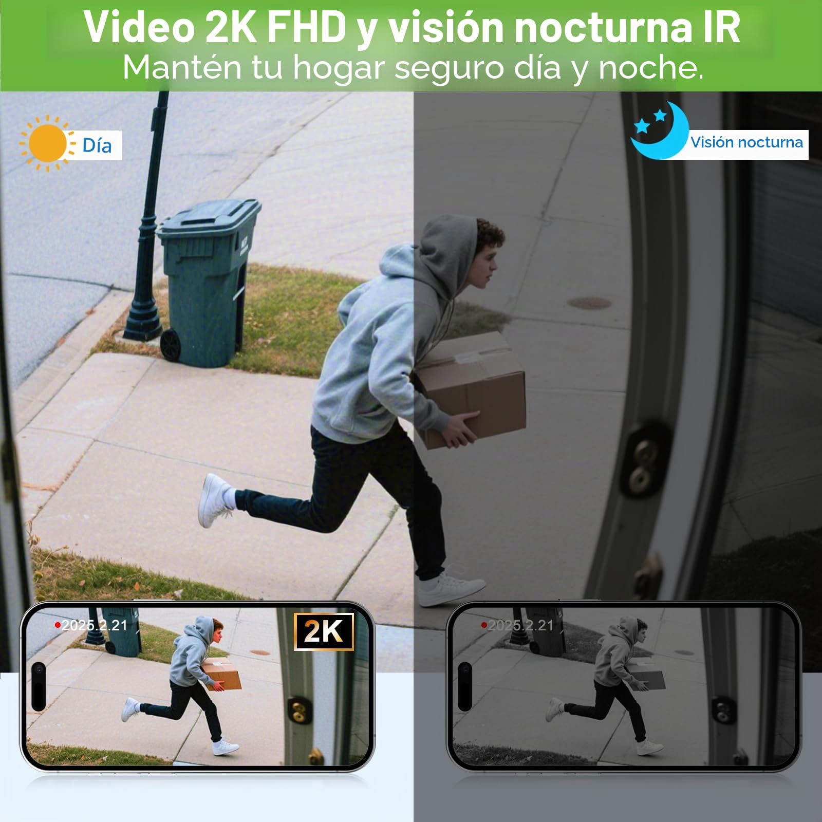 Timbre de video inalámbrico con timbre de cabeza a pies 2K HD Smart WiFi Timbre de puerta con cámara de detección de movimiento funciona con pilas, visión nocturna, tarjeta SD de audio bidireccional y