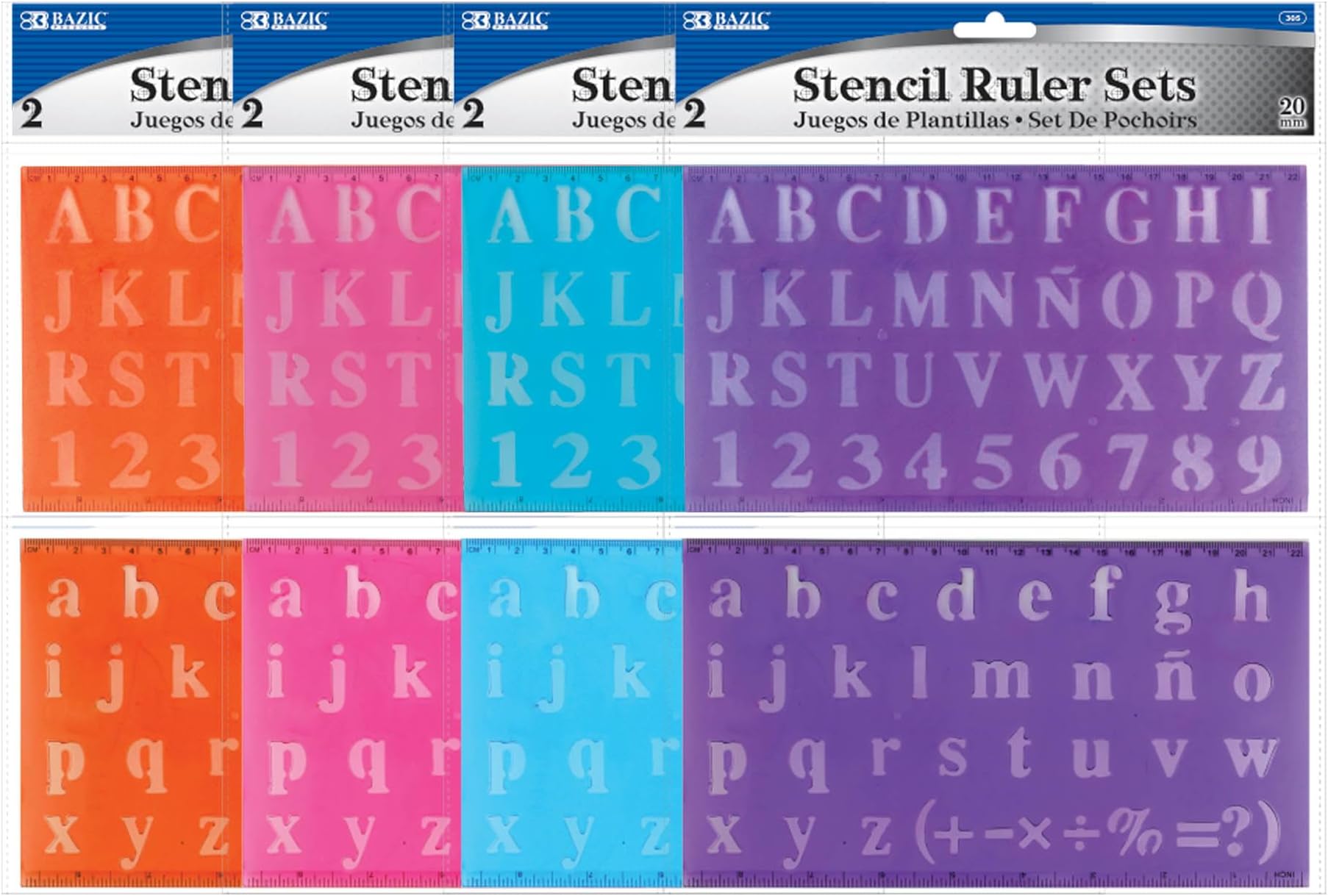 BAZIC 20 mm Transparent Lettering Stencil Ruler Sets, 2 Per Pack (305-24P)