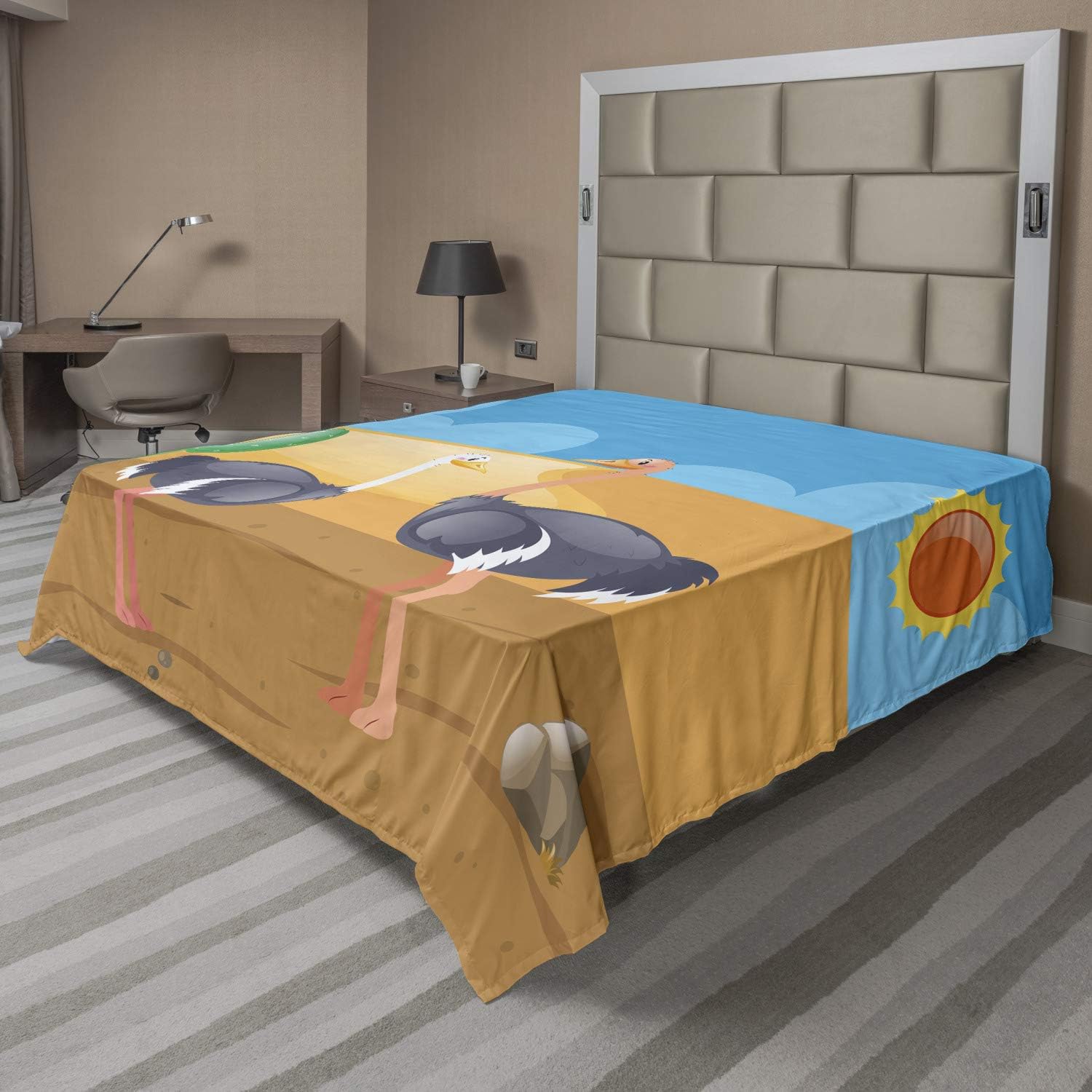 Ambesonne Ostrich Flat Sheet, Wild Birds on Desert with Cactus in a Sunny Day Zoo Camel Cartoon, Soft Comfortable Top Sheet Decorative Bedding 1 Piece, Full Size, Multicolor