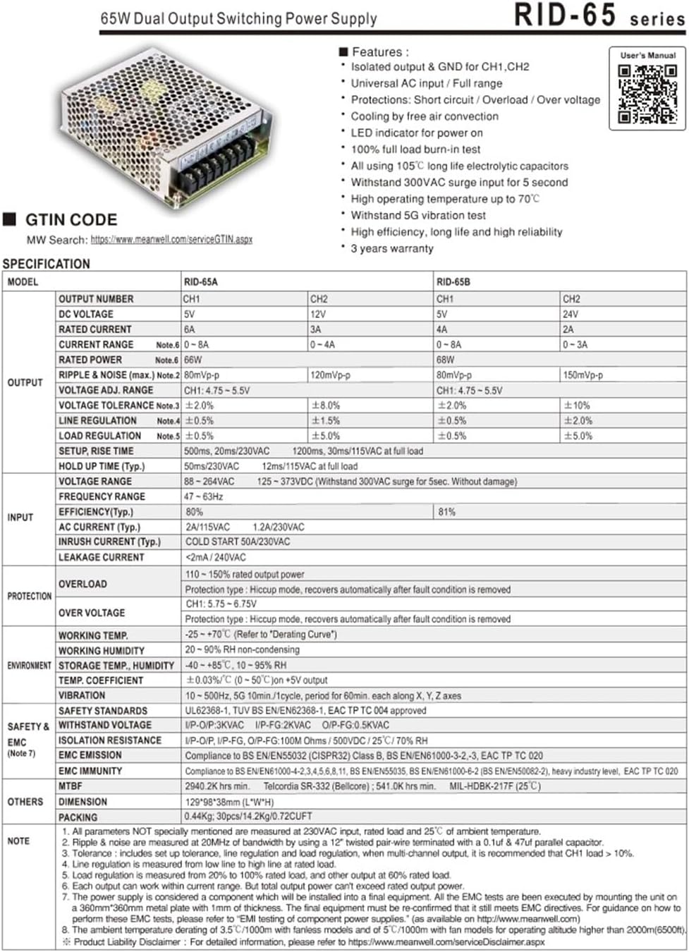 1PCS RID-65 RID-65A RID-65B 65W Dual Output Switching Power Supply RID-65 Series(RID-65A)