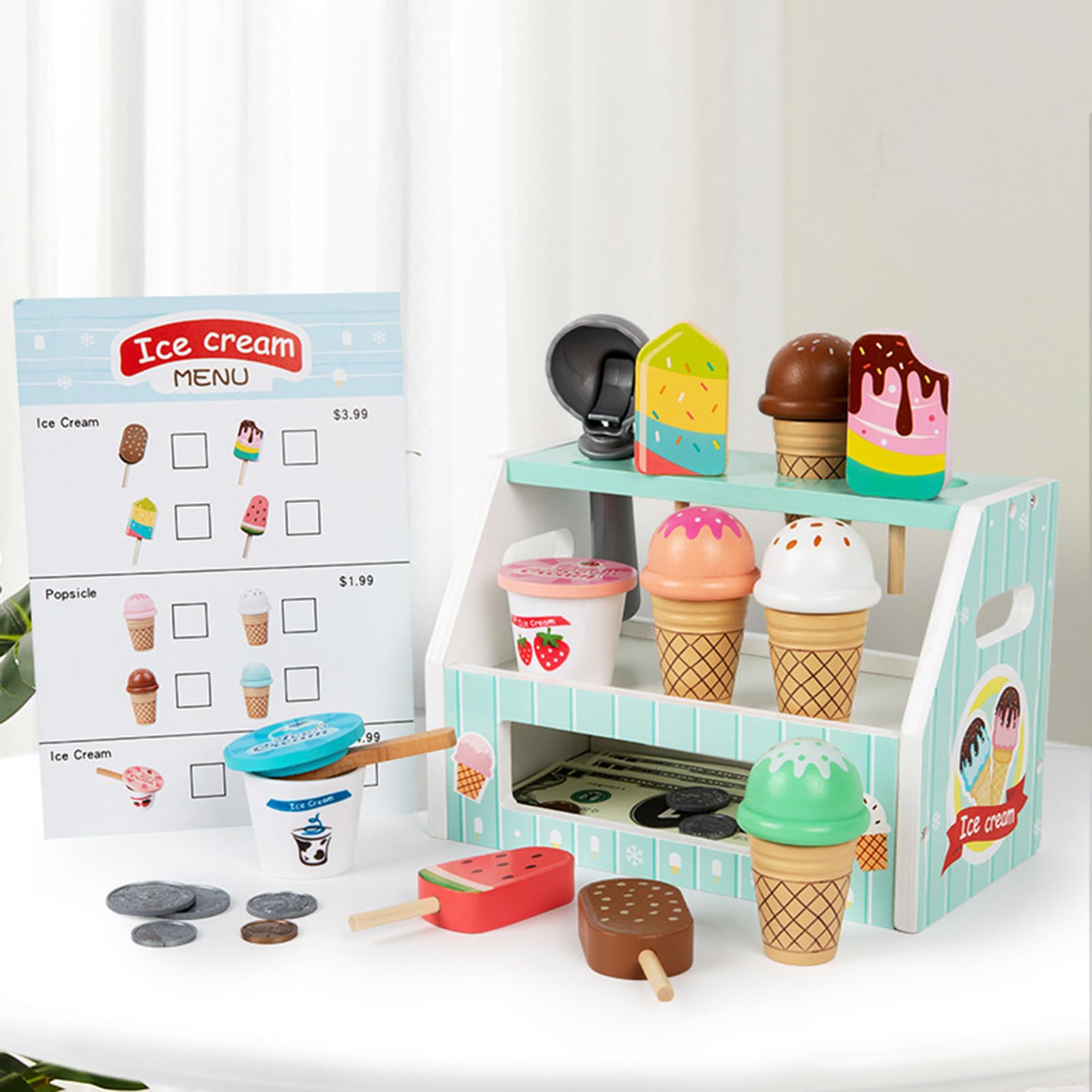 Interaktives Eisdielen Spielset aus Holz für fantasievolle Lernaktivitäten 3 Jahren Rollenspiel Eisdiele mit Schaufeln und Waffeln
