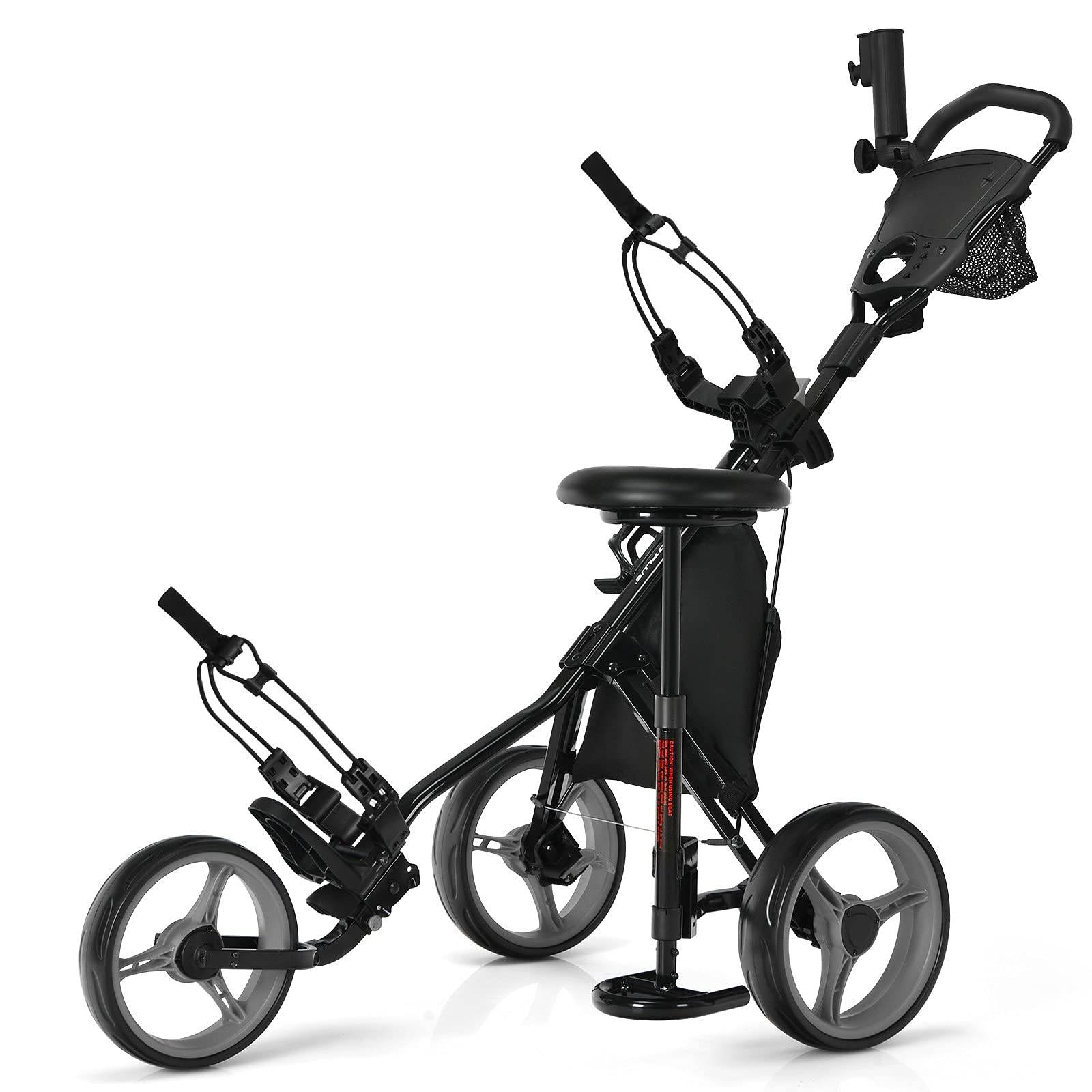 GYMAX Carro de Golf Plegable 3 Ruedas con Altura Ajustable y Portabebidas