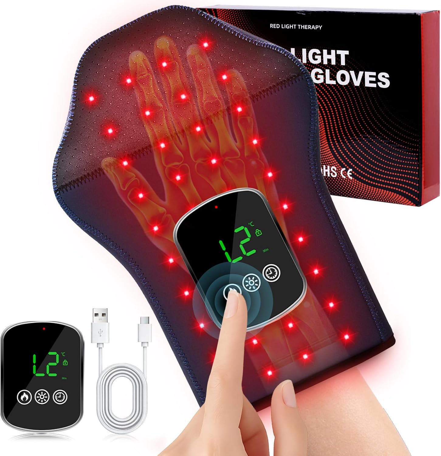 Hand Red Light Therapy Gloves for Hands, 360° Dual-Sided 100 LED Red Light Wrap, 5000mAh Rechargeable, 660nm & 850nm, Adjustable Heat (45–55°C) for Hand and Finger Relaxation