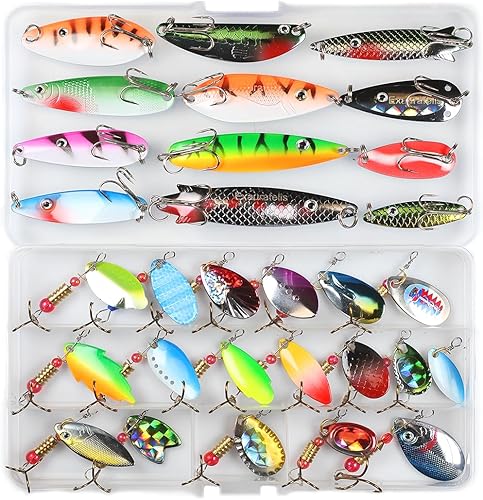 EXAURAFELIS 1030pcs Fishing Lure Spinnerbait with Feathered Treble Hooks Rooster Tail Fishing Lures Spoon Lures for Bass Salmon Trout Spinner Baits