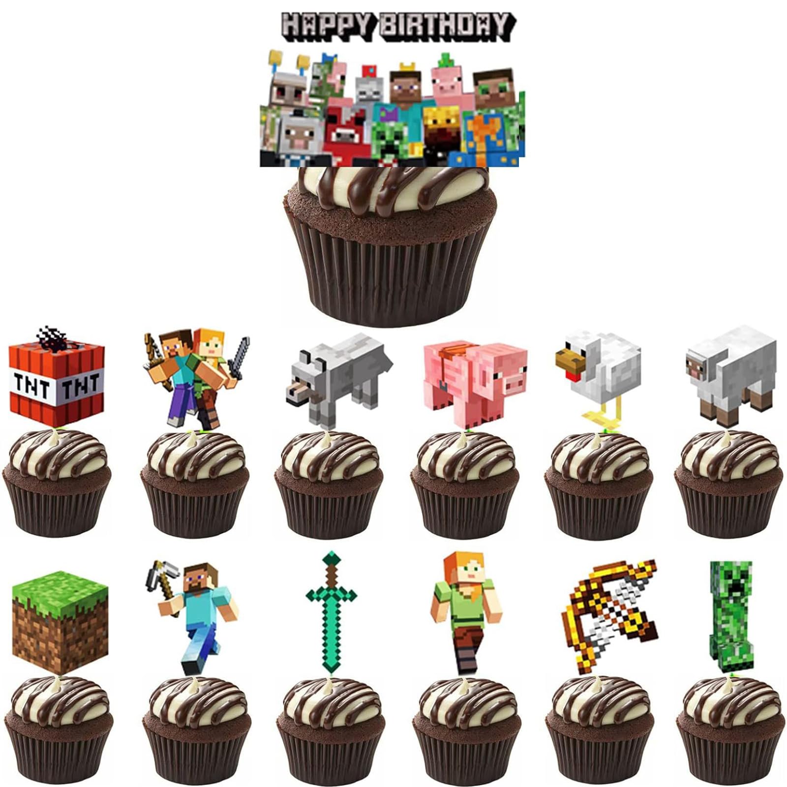 Photo 1 of 25 Pcs Pixel Styled Gamer Cake Decorations, Happy Birthday Cake Topper, Party Supplies for Boys & Girls