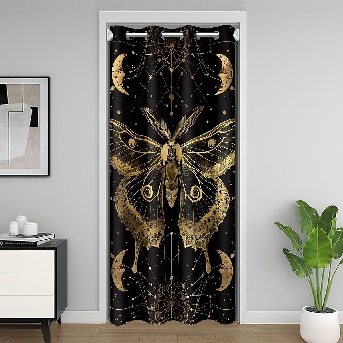 Feelyou Death Moth Door Curtain for Doorway Privacy 42"x80" for Kids Boys Girls Boho Moth Bohemian Room Divider Curtain Cover Goth Art 30%-50% Room Darkening Blackout Insulated Thermal Curtain