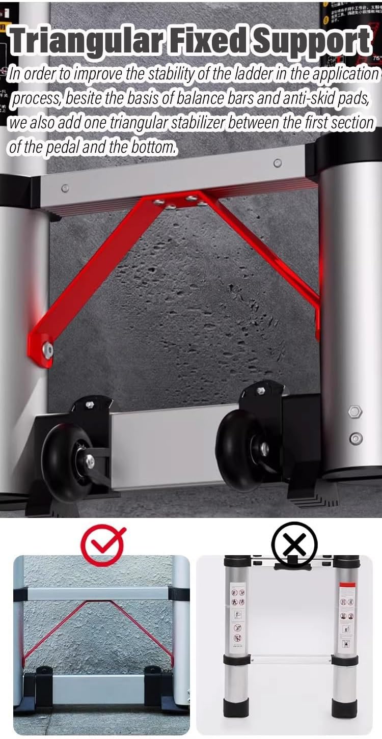 Telescoping Aluminum Extension Ladder 11.2ft (3.4m) - Lightweight Adjustable 8m/7.6m/7m/6.2m/5m/4.6m/3.8m/2.6m for Home Rooftop RV Attic Outdoor Work 150kg Load Capacity Black