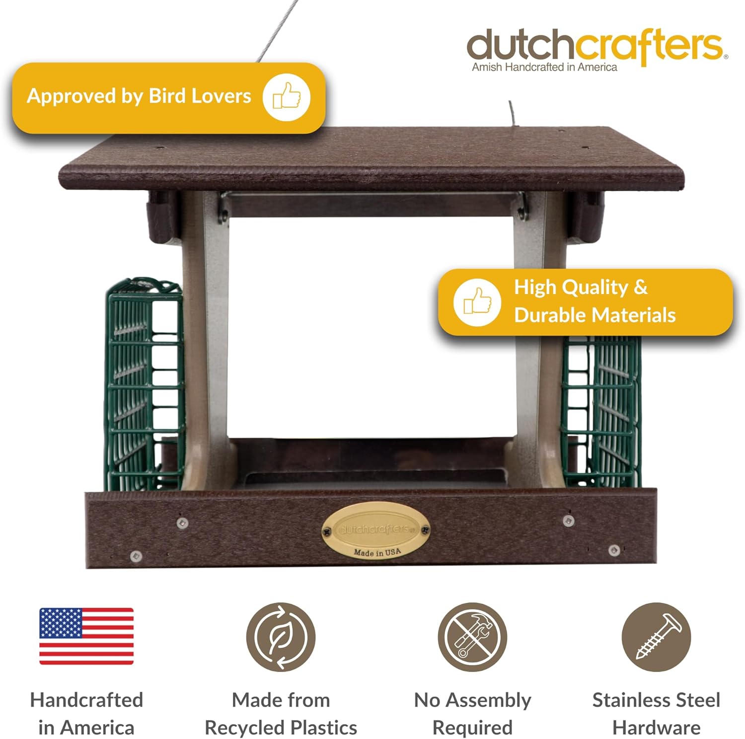 DutchCrafters Poly Hopper Bird Feeder with Suet Holder, Large Bird Feeder for Outdoors Hanging - Amish American Made (Milwaukee Brown & Weatherwood)