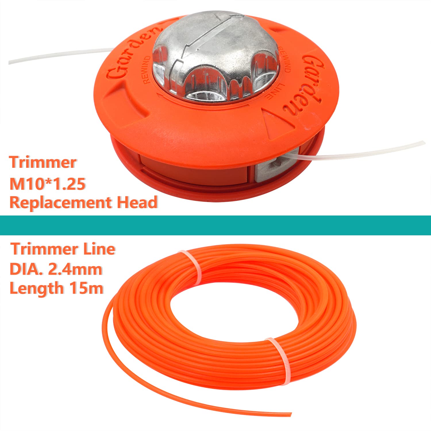 Zeqeey Grass Trimmer Replacement Spool Head M10 x 1.25 Left-hand Thread with 15m 2.4mm Strimmer String Wire for Brush Cutter Universal Mowing Head Color Orange - Image 3