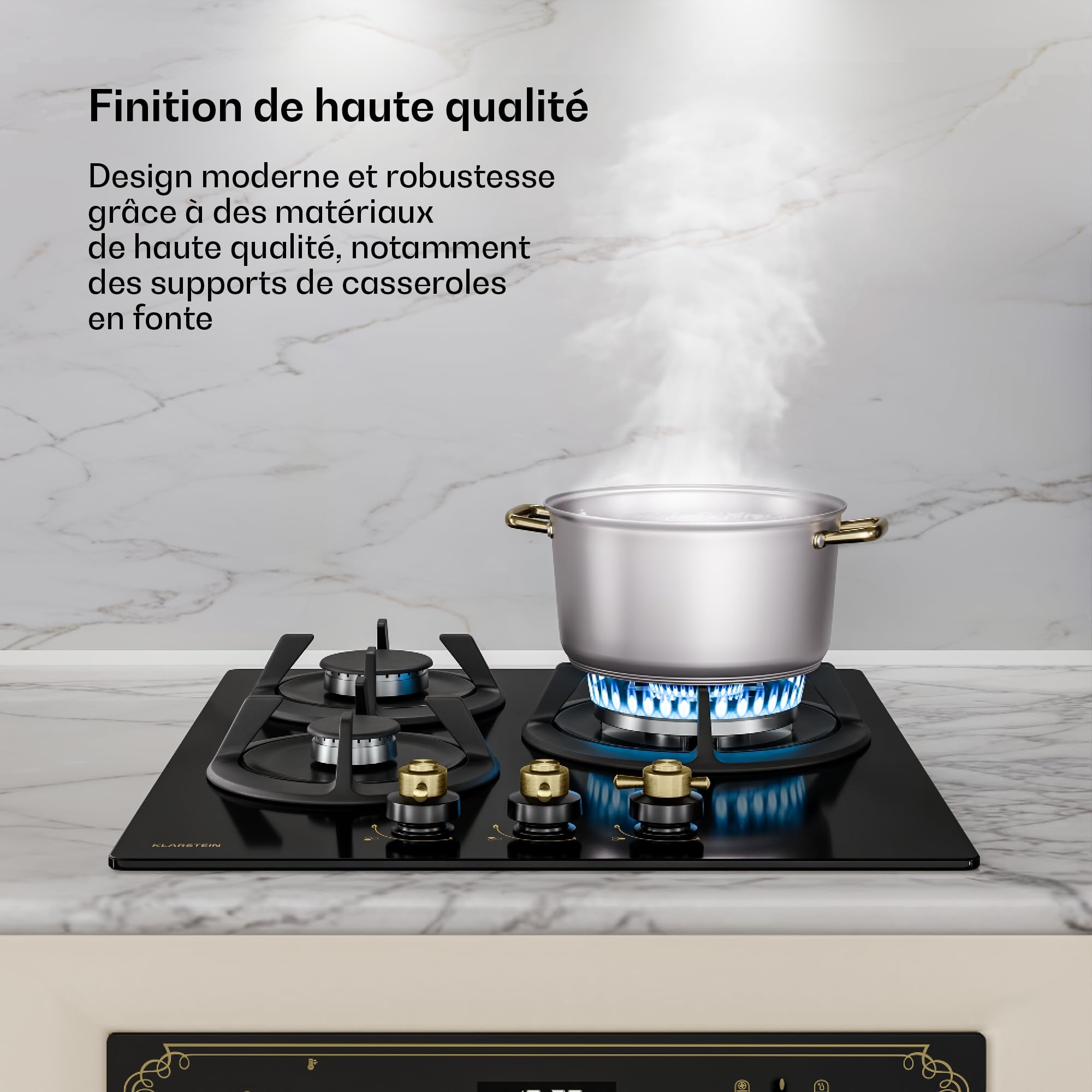 Klarstein Victoria Plaque De Cuisson Gaz 3 Feux, 6050W, 45cm, Verre, Allumage Électrique, Sécurité Flamme, Compatible GPL & Gaz Naturel, Style Rétro, Kit Inclus, Noir