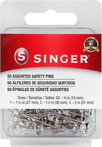 Singer 00225 Pasadores de seguridad surtidos de acero y latón, multitamaño, 50 unidades