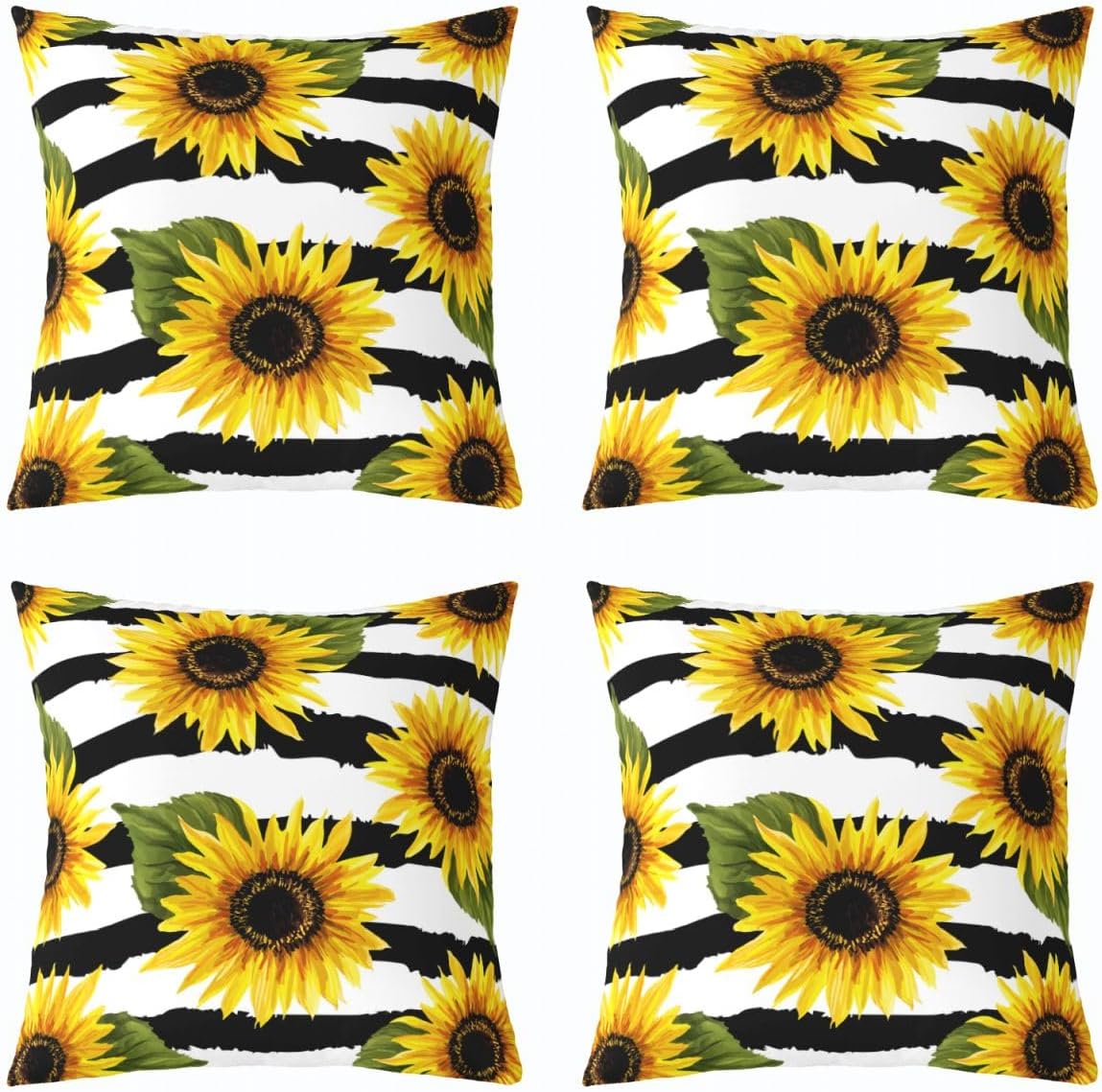 Feelyou Set of 2 Sunflower Throw Pillow Covers, Stripes Panormatic Printed Cushion Case for Home Living Room Decor, Reversible Blossom Garden Theme Decorative Throw Cushion Case, 24x24 Inches