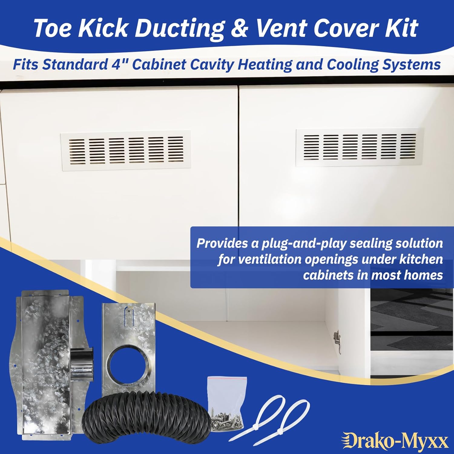 4” Toe Kick Ducting & Vent Cover Kit for Under Cabinet, Fits Standard 4" Cabinet Cavity Heating and Cooling Systems, 4x10" & 4x12" Openings, Under Cabinet Toe Kick Duct Kit, Keep Dry&Energy-Efficient