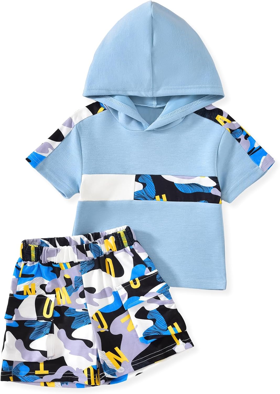 HINTINA Toddler Boy Summer Outfits Short Sleeve Hoodie Camouflage Shorts Set
