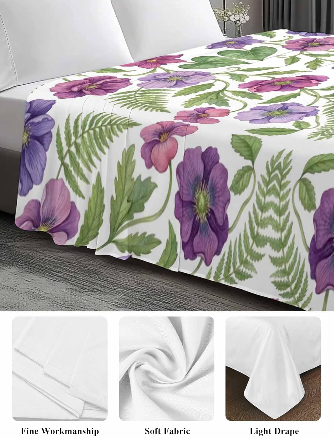 Top Sheet Full Bedding Flat Sheet Only, Gradient Purple Flowers Leaves and Pastoral Wildflower Fern Microfiber Bed Sheets Soft Breathable Bedding Flat Sheets, Hotel Luxury Top Sheets