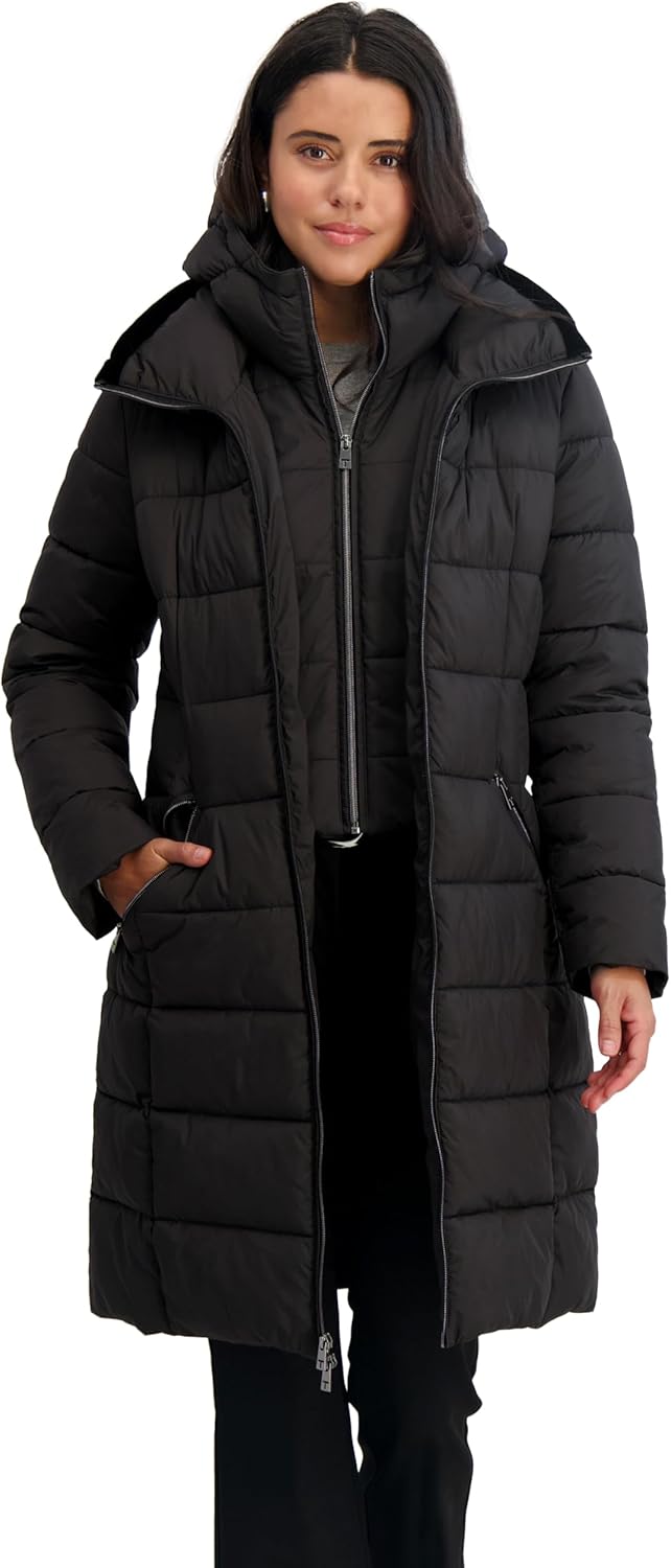 TAHARI Women's Slim Quilted Puffer Coat with Attached Hood, Velvet Bib Insert & Zipper Closure, Black, X-Small - Image 5