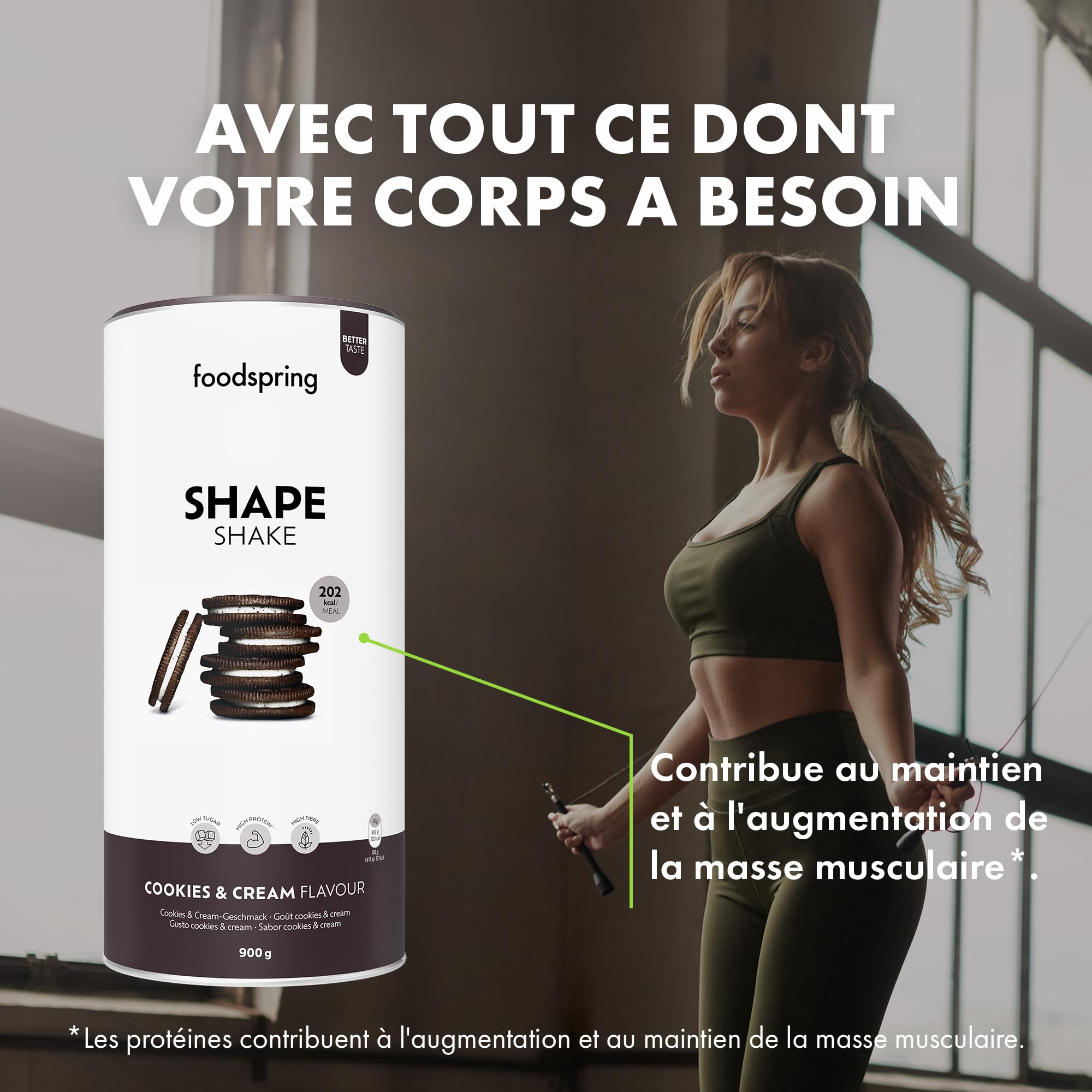 foodspring Shape Shake Cookies & Cream - Substitut de repas complet pour le contrôle du poids avec des protéines de qualité supérieure, 202 kcal par portion, sans gluten - nouvelle recette (900g)