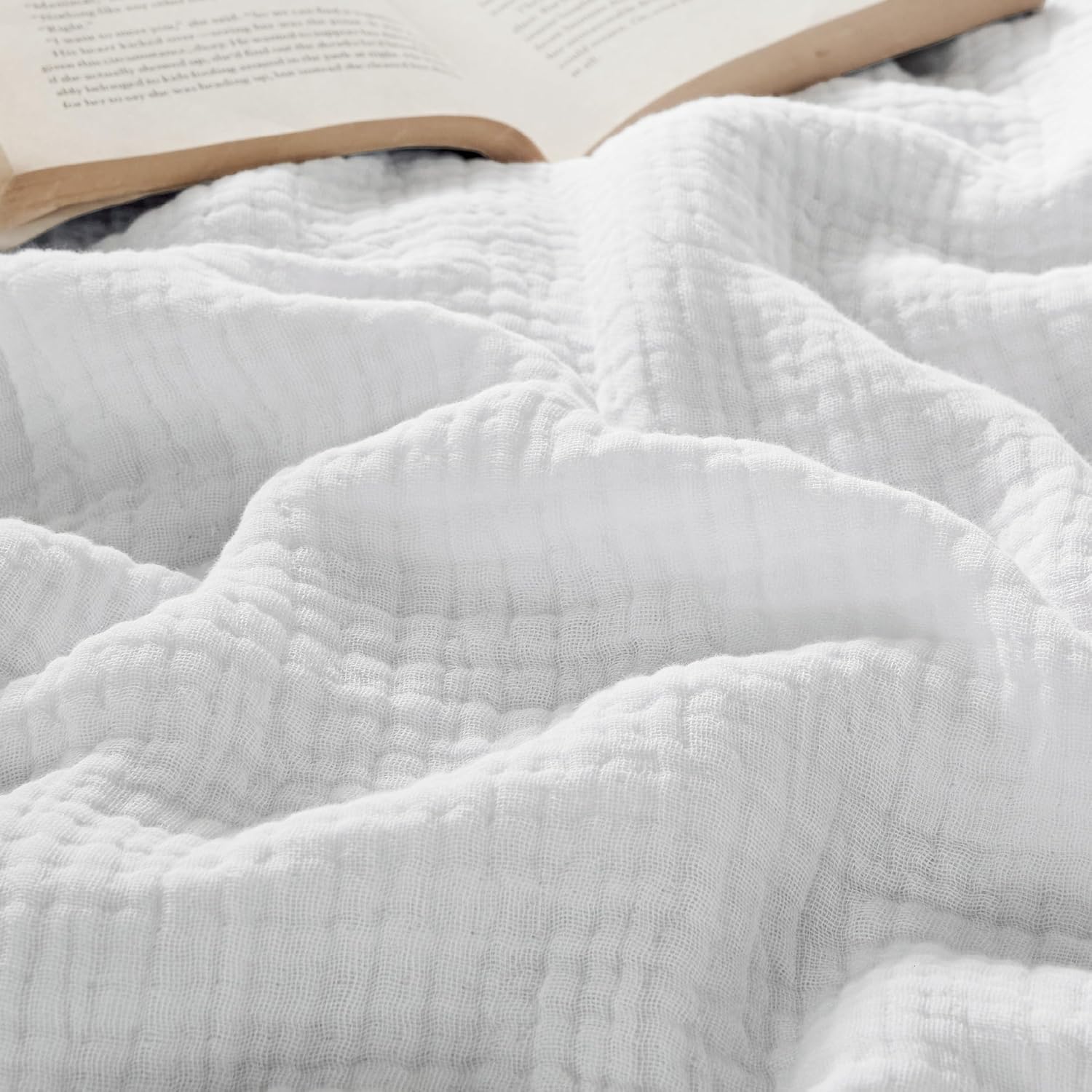 BirdWing100% Cotton Muslin Throw Blanket Large 50x70 Inches - 4-Layer Breathable and Lightweight Thin Soft Summer Gauze Muslin Blankets for Adults, White, Boho Cotton Throw for Couch-image-2
