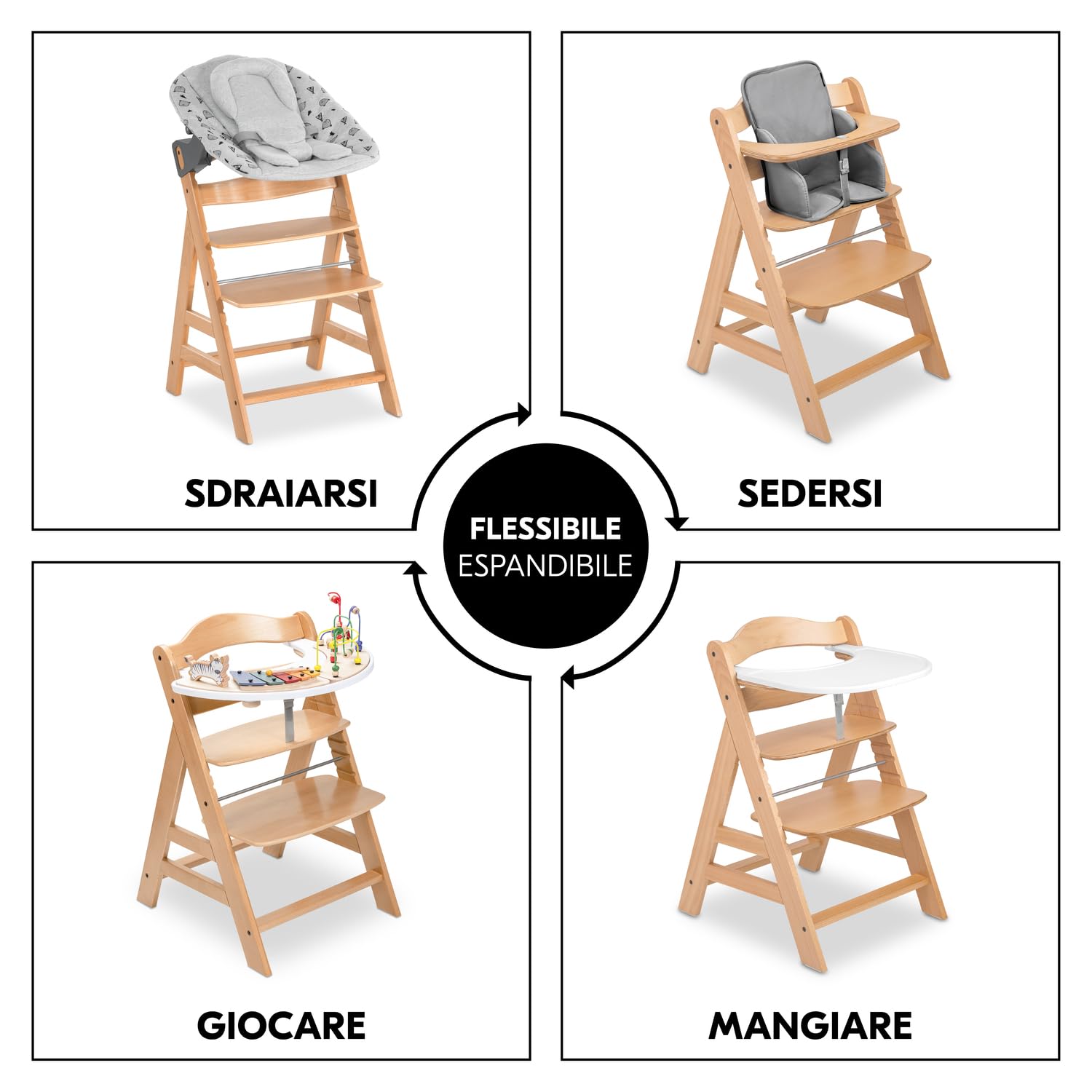 hauck Seggiolone Pappa in Legno Alpha+ - Seggiolone Evolutivo da 6 mesi fino a 90 kg - Sedia Evolutiva con Barra Frontale, Cintura Inguinale e a 5 Punti - Legno Certificato FSC® - Naturale