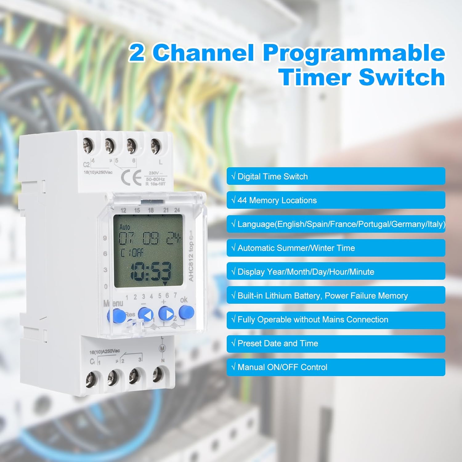 Automatic Digital Timer Switch AHC812,AC 230V Microcomputer Time Control Switch with 2 Channel,7 Day Programmable in Wall Timer Switch,Din Rail Mount