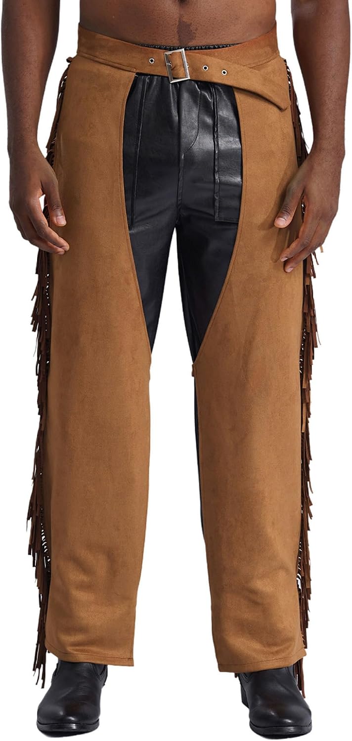 Mufeng Mens Cowboy Fringe Pants Costume 2-piece Halloween Set Rivets Tassel Vest & Chaps Cardigan