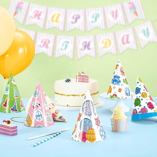 Miniatura 10 de WERNNSAI Sombreros de fiesta de cumpleaños  12 piezas de suministros de fiesta de cumpleaños, sombrero de cono para la cabeza, sombreros coloridos
