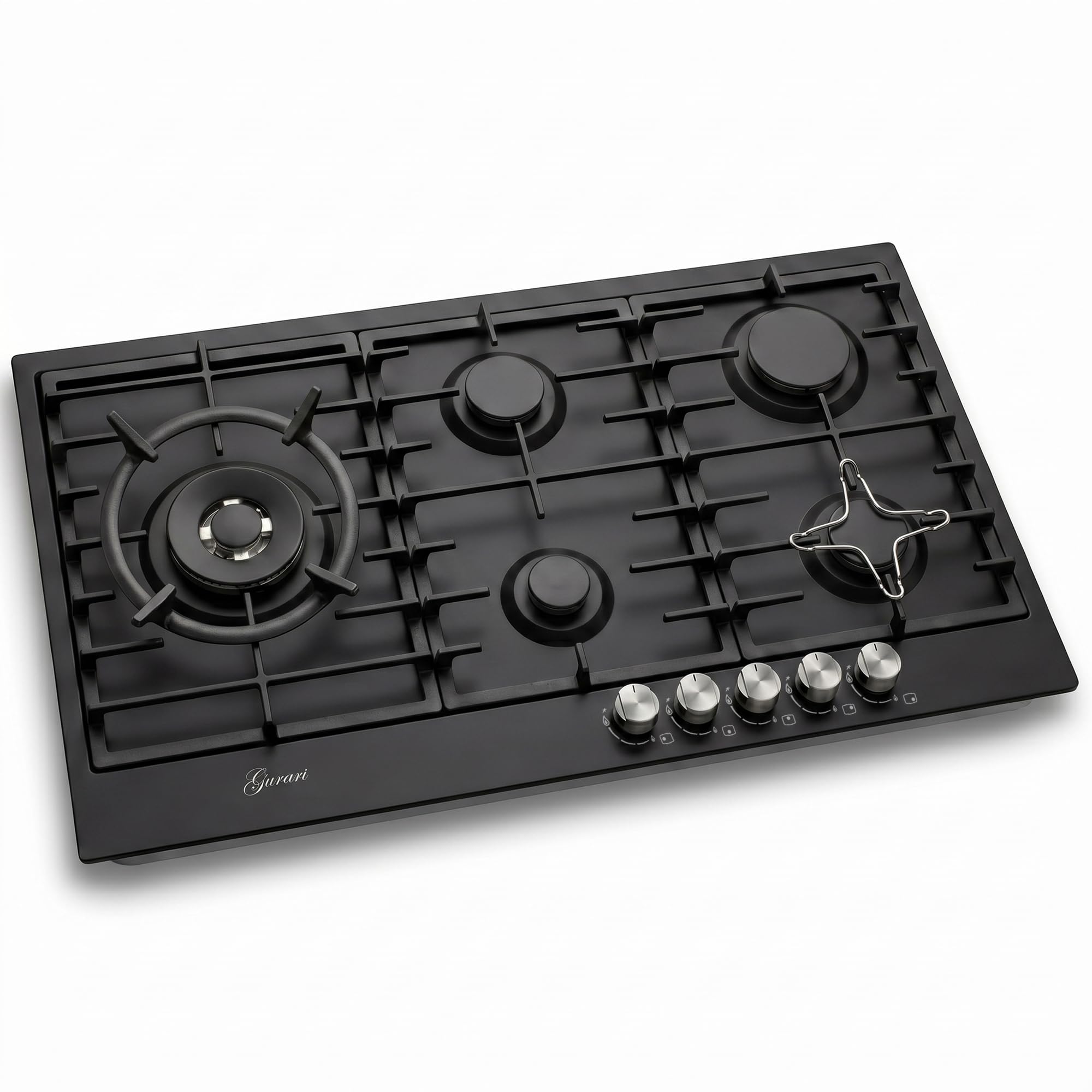 Gurari Gaskochfeld 90 cm GCH FB 905 BL • Autarkes Gas Kochfeld Schwarz Emaille • 5 Gasbrenner mit 4,0 kW WOK Brenner • DEFENDI Flat Brenner • Gusseisen Topfträger • Erdgas & Propangas
