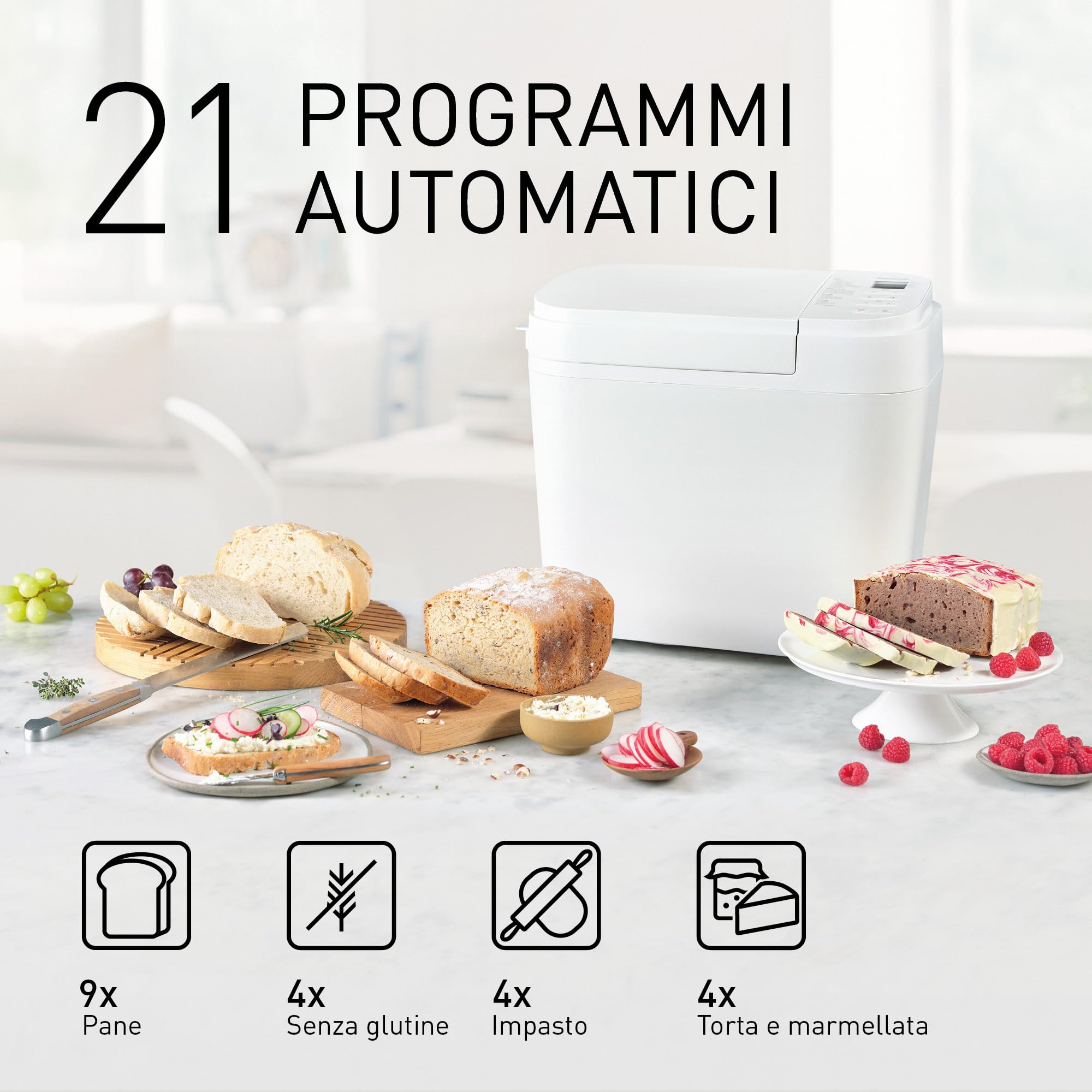 Panasonic SD-B2510WXE Macchina per il Pane Automatica, Programma Senza Glutine, Modello Orizzontale, 21 Programmi Automatici, Doppio Sensore di Temperatura, Timer Digitale 13 Ore, Display LCD, Bianco
